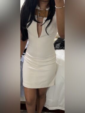 Zara Cream Plunge Neck Midi Dress with Buckle Detail